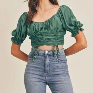 MABLE | NWOT Anthropologie Green Puff Sleeve Ruched Crop Blouse